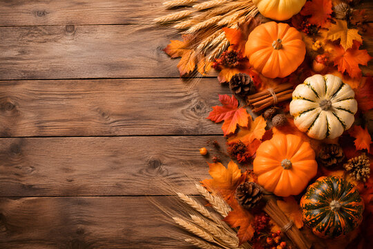 Thanksgiving Day Harvest Flat Lay with Pumpkins Corn Maple Leaves Wooden Background Autumn November Copy Space