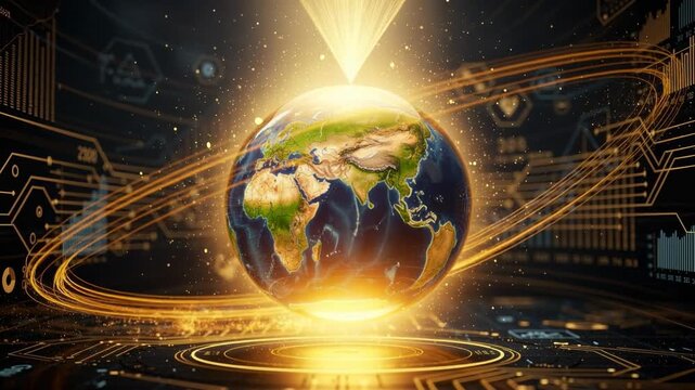 Glowing golden drop encasing Earth with dynamic digital data streams futuristic global technology concept