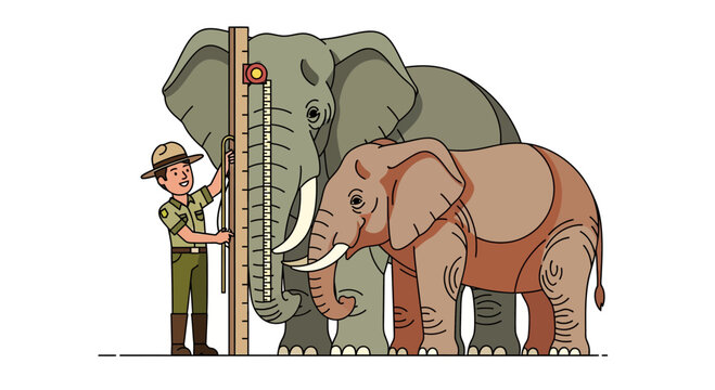 Zookeeper measuring height of African elephants in flat vector style