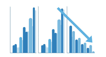 Obraz premium Three blue bar charts showing financial market growth and decline