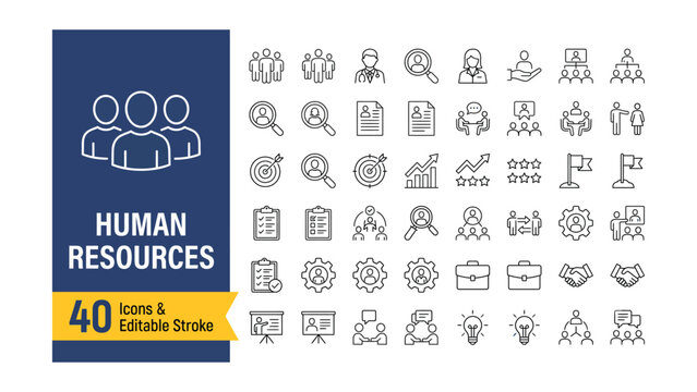 Human resources web icons in line style. Headhunting, career, resume, work group, candidate, job hiring, collection. Editable stroke. Vector illustration.
