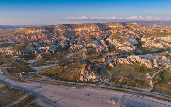 Aerial View of Uchisar Castle and Goreme Landscape in Cappadocia Nevsehir Turkey with Fairy Chimneys and Volcanic Rock Formations