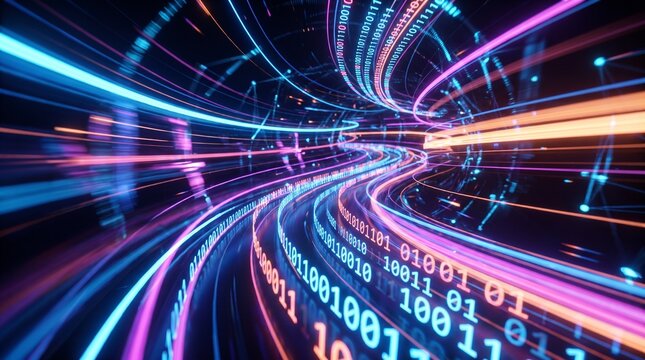 Futuristic high speed data tunnel with glowing binary code and light trails moving in a circular motion in deep space