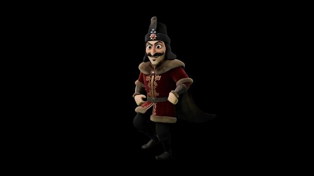 A 3D cartoon Vlad the Impaler or Count Dracula character with a mustache and cape performing a fun dance, isolated on a solid black background. Ideal for Halloween promos, vampire stories, gothic paro