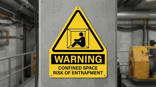 Yellow triangular warning sign showing a person trapped in a box mounted on a gray concrete wall within an industrial facility with blurred background machinery