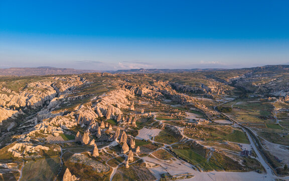 Aerial View of Uchisar Castle and Goreme Landscape in Cappadocia Nevsehir Turkey with Fairy Chimneys and Volcanic Rock Formations