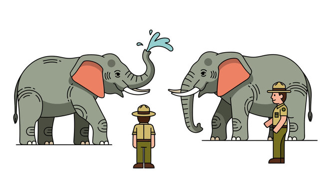 Zookeepers and elephants in flat vector illustration
