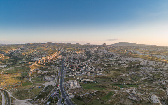 Aerial View of Uchisar Castle and Goreme Landscape in Cappadocia Nevsehir Turkey with Fairy Chimneys and Volcanic Rock Formations