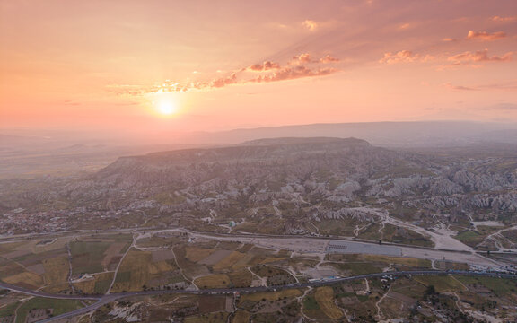 Aerial View of Uchisar Castle and Goreme Landscape in Cappadocia Nevsehir Turkey with Fairy Chimneys and Volcanic Rock Formations