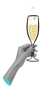 Hand holding sparkling champagne glass. Whimsical mixed media collage. Party celebration element. Success and new year clip art.