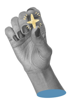 Hand holding golden sparkle star. Whimsical mixed media collage. Magic gesture element. Transparent background clip art.