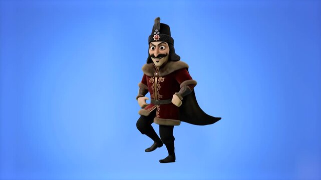 3D animated Vlad the Impaler or Dracula character in traditional dark royal robes and hat dancing joyfully over a chroma key blue background. Excellent for Halloween promos, historical comedy clips, v