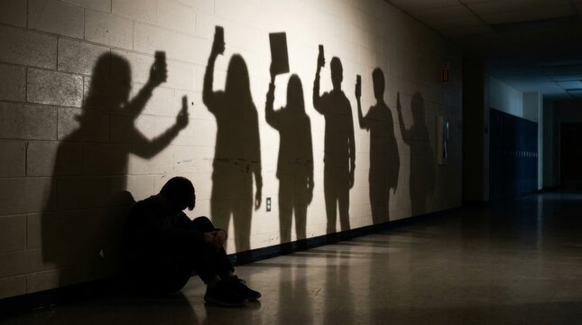 A lonely child sitting on the floor in front of a wall with silhouettes of people filming with phones.