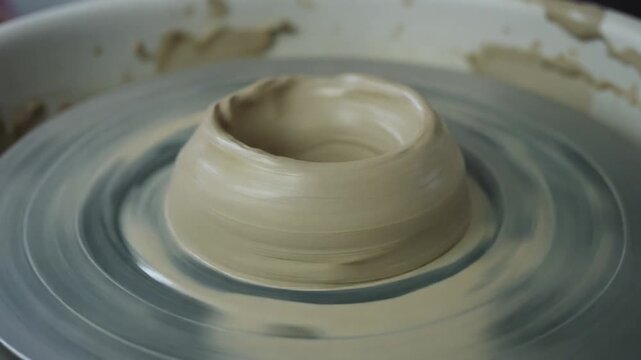 Wet clay spinning smoothly on a pottery wheel glowing with soft studio light toward transformation and mindfulness perfect for advertising craft branding and hobby presentation videos