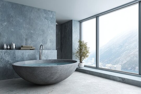 Modern concrete bathroom with soaking tub overlooks a scenic mountain view.