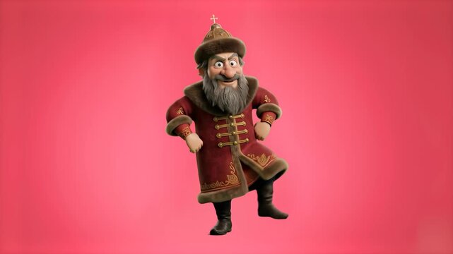 Full body view of a humorous 3D cartoon Slavic monarch or tsar wearing traditional red royal attire and fur hat standing proudly on a vibrant pink studio backdrop. Perfect for storytelling videos, chi