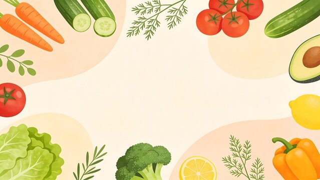 Fresh organic vegetables frame including carrots tomatoes broccoli cucumbers and avocado. Ideal for healthy recipe blogs vegan restaurant menus nutrition posters and packaging design.