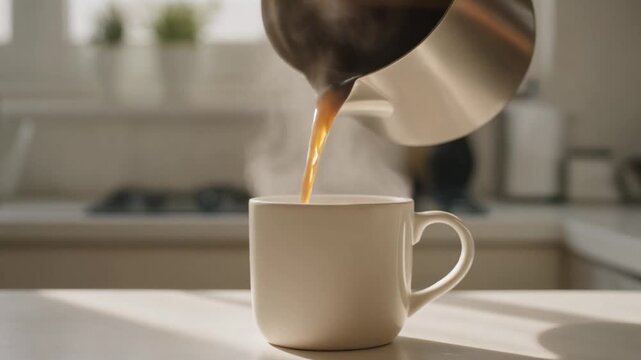 Golden coffee pouring steaming into white ceramic mug in sunlit kitchen evokes comfort and joy perfect for lifestyle marketing and cafe advertising