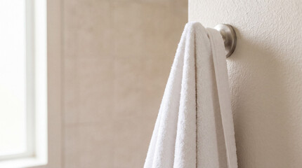 Fototapeta premium White cotton towel hanging on a metal hook in a modern bathroom, clean and fresh textile for home decor