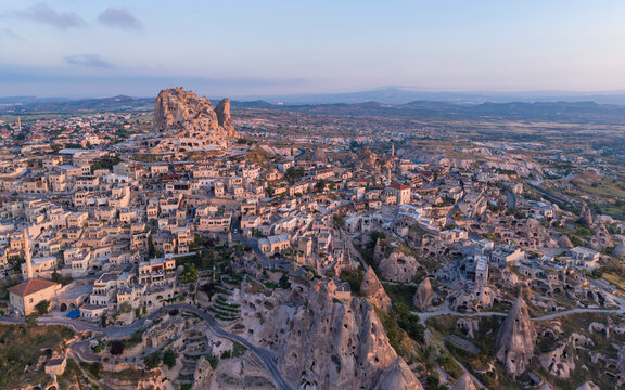 Aerial View of Uchisar Castle and Goreme Landscape in Cappadocia Nevsehir Turkey with Fairy Chimneys and Volcanic Rock Formations