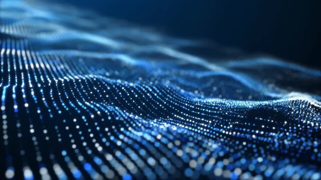 Shimmering blue data particles flow in glowing digital wave motion toward innovation and future perfect for advertising presentation and technology branding