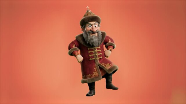 Full body shot of a stylized 3D cartoon Slavic tsar or Boyar king with a grey beard wearing a fur-trimmed caftan coat and hat on an orange studio backdrop. Great for historical comedy, folklore animat