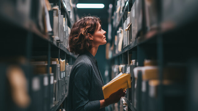 Archivist's Quest: A thoughtful woman delves into rows of archival boxes, seeking knowledge and preserving history in a dimly lit storage room. Her focused gaze suggests a deep connection to the past.