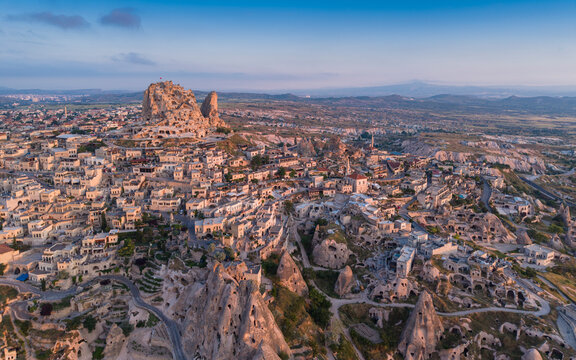 Aerial View of Uchisar Castle and Goreme Landscape in Cappadocia Nevsehir Turkey with Fairy Chimneys and Volcanic Rock Formations