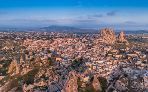 Aerial View of Uchisar Castle and Goreme Landscape in Cappadocia Nevsehir Turkey with Fairy Chimneys and Volcanic Rock Formations
