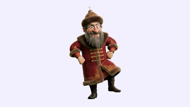 3D animated medieval Slavic Tsar or Boyar character with a long beard in traditional fur-trimmed kaftan dancing over a white background. Perfect for historical comedy animations, Slavic folklore video