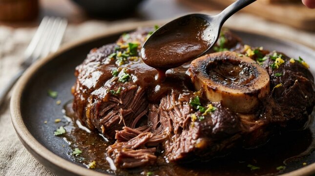 Delicious Braised Osso Buco with Rich Gravy and Herbs.