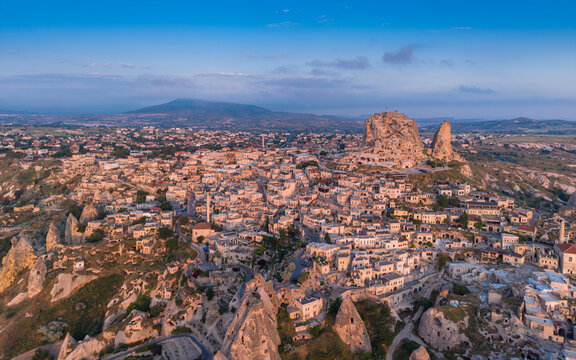 Aerial View of Uchisar Castle and Goreme Landscape in Cappadocia Nevsehir Turkey with Fairy Chimneys and Volcanic Rock Formations