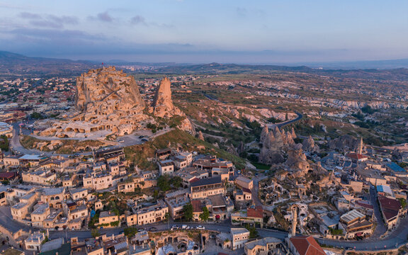 Aerial View of Uchisar Castle and Goreme Landscape in Cappadocia Nevsehir Turkey with Fairy Chimneys and Volcanic Rock Formations