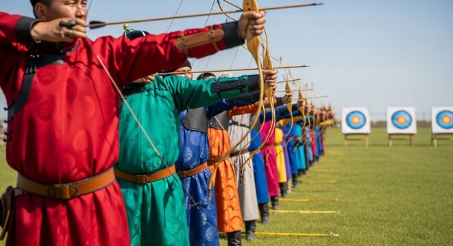 Archers in Traditional Mongolian Deel Attire Aiming at Targets During Naadam Festival.