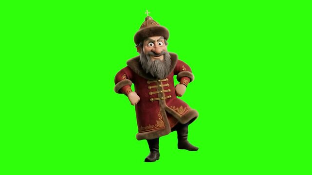 A 3D cartoon Slavic Tsar or Boyar character with a beard wearing a traditional caftan and fur-trimmed hat, performing a joyful folk dance, isolated on a solid green chroma key background. Great for hi