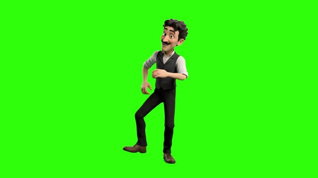 A cheerful 3D cartoon gentleman character with a mustache wearing a vest and shirt, performing a lively dance, isolated on a solid green chroma key background. Perfect for comedy skits, retro-themed m