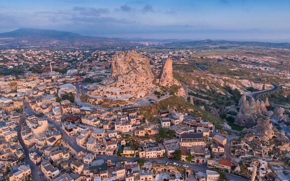 Aerial View of Uchisar Castle and Goreme Landscape in Cappadocia Nevsehir Turkey with Fairy Chimneys and Volcanic Rock Formations