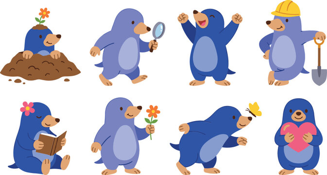 Cute mole cartoon character vector collection showing various poses including digging reading holding a heart wearing a hardhat and carrying tools