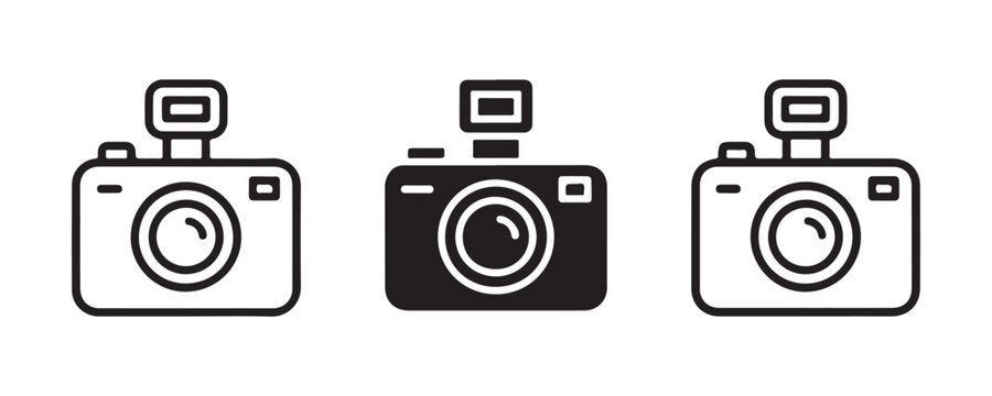 Photographic camera with flash icon set, digital photo device sign, vector illustration.