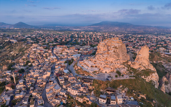 Aerial View of Uchisar Castle and Goreme Landscape in Cappadocia Nevsehir Turkey with Fairy Chimneys and Volcanic Rock Formations