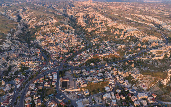 Aerial View of Uchisar Castle and Goreme Landscape in Cappadocia Nevsehir Turkey with Fairy Chimneys and Volcanic Rock Formations