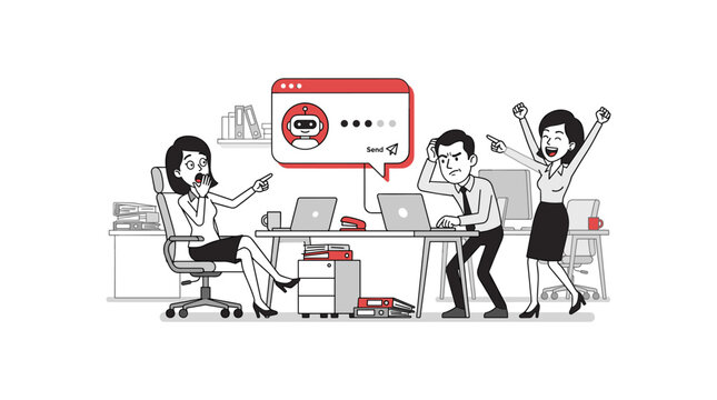 Corporate employees using artificial intelligence chatbot software for automated messaging.