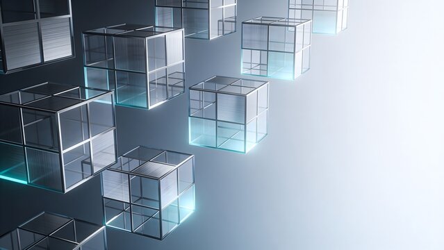 Futuristic background showing metallic wireframe glass cubes glowing with soft teal light. Suitable for blockchain technology concepts web hosting slides and digital server graphics.