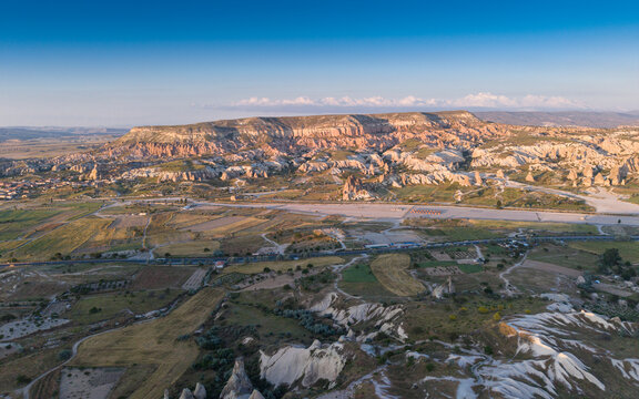Aerial View of Uchisar Castle and Goreme Landscape in Cappadocia Nevsehir Turkey with Fairy Chimneys and Volcanic Rock Formations