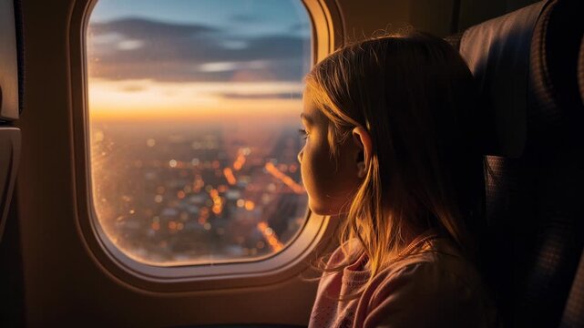 Young girl gazes thoughtfully out airplane window at glowing cityscape at night