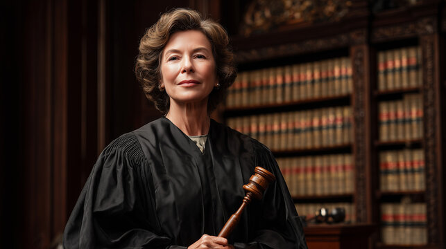 Gavel in Hand: A distinguished female judge, robed in black, holds a gavel firmly, standing in a stately courtroom filled with law books, embodying justice and authority.