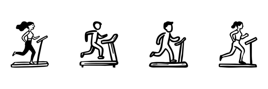 Treadmill Running Figures In Hand Drawn Style Set. Fitness And Exercise Doodle Sketch Collection. Health And Wellness. Isolated Vector Illustration
