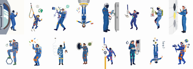 Collection of flat vector illustrations featuring diverse astronauts performing various daily tasks and scientific experiments aboard a space station or during training. © Siji