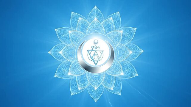 A glowing blue lotus flower symbol representing spiritual energy and meditation
