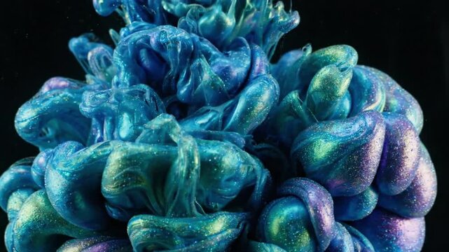 Macro slow motion of metallic blue and purple shimmering ink blooming in water against black background, abstract fluid footage.